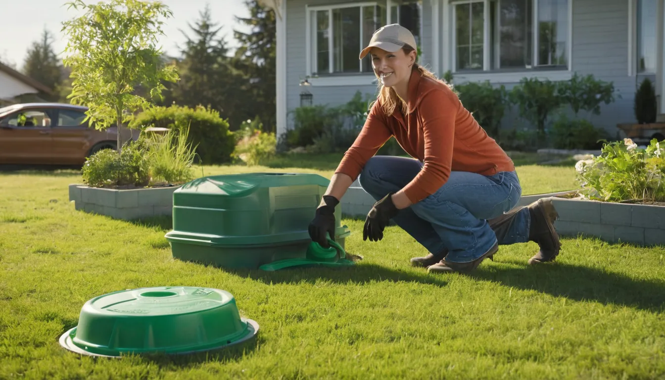 A homeowner checking a septic tank lid in a yard near Bonner Springs