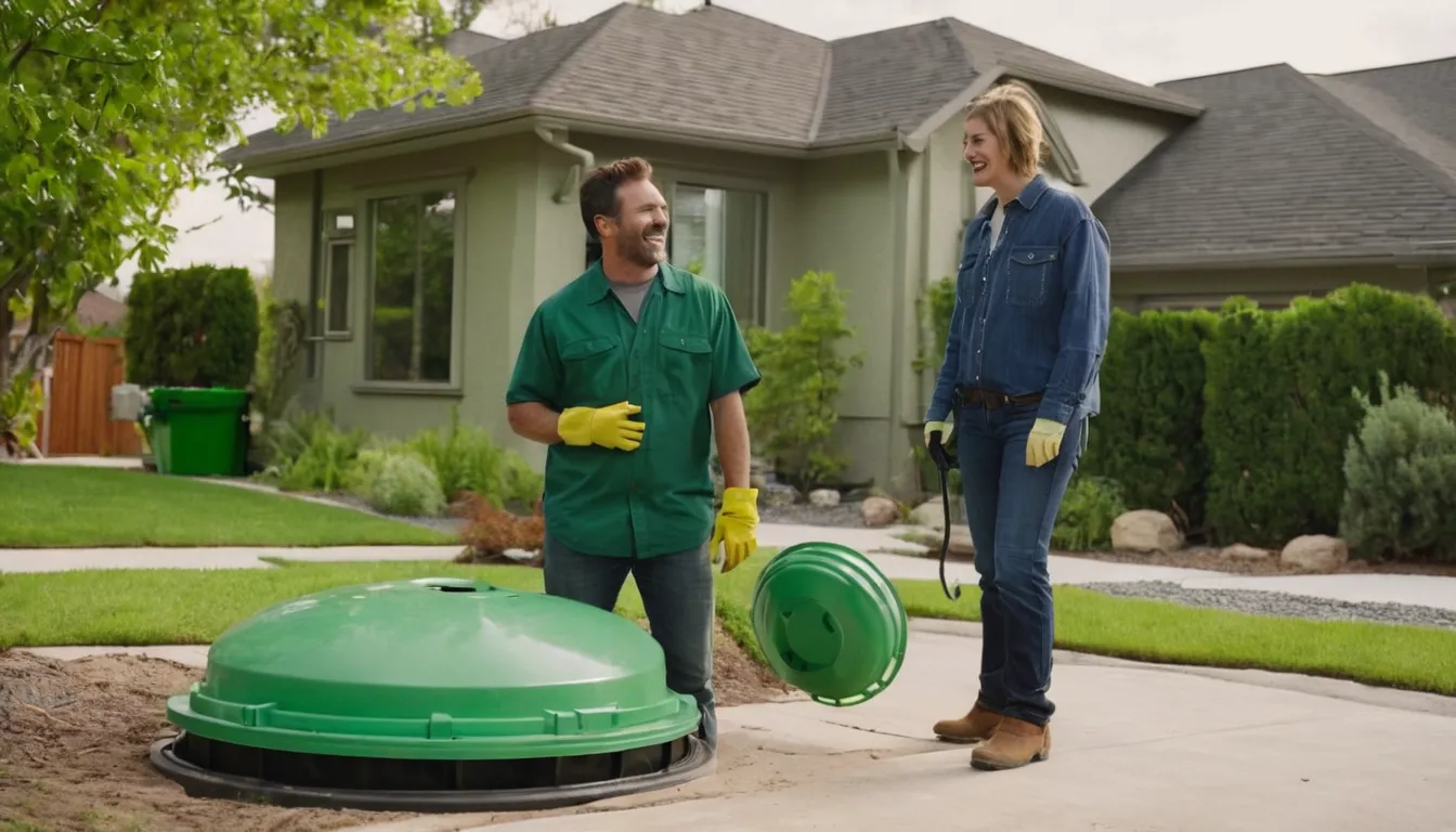 Friendly septic provider and homeowner reviewing a pumping truck hose near a backyard tank lid in Bonner Springs