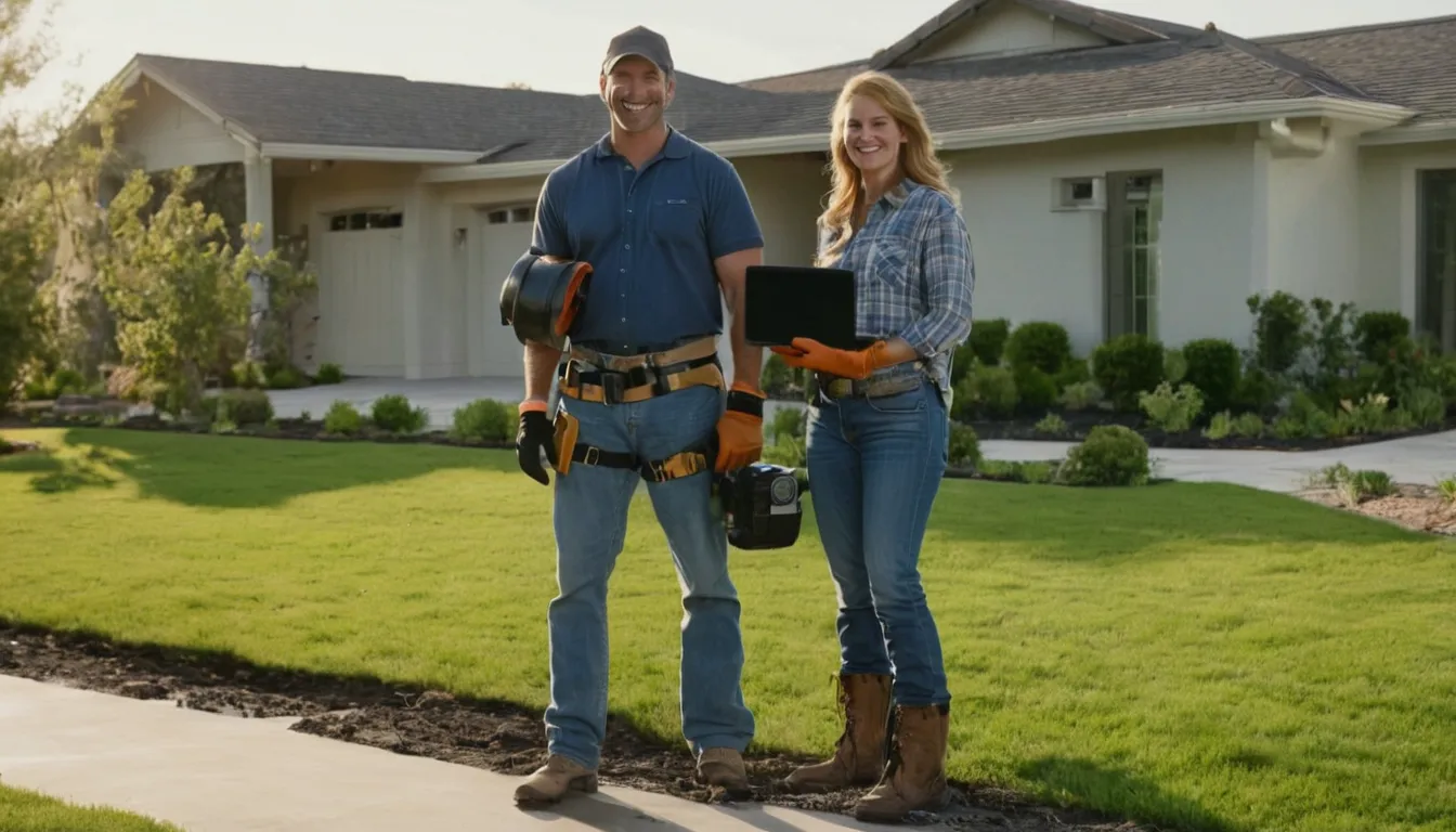 Friendly provider and homeowner reviewing a sewer line camera screen in a yard in Bonner Springs
